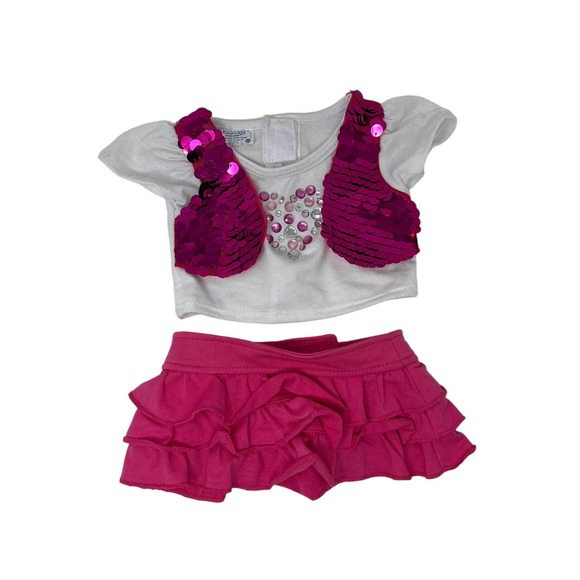 Build a Bear Workshop BABW Pink Skirt w/ White Shirt & Sequin Vest‎ Outfit ONLY - Picture 2 of 5